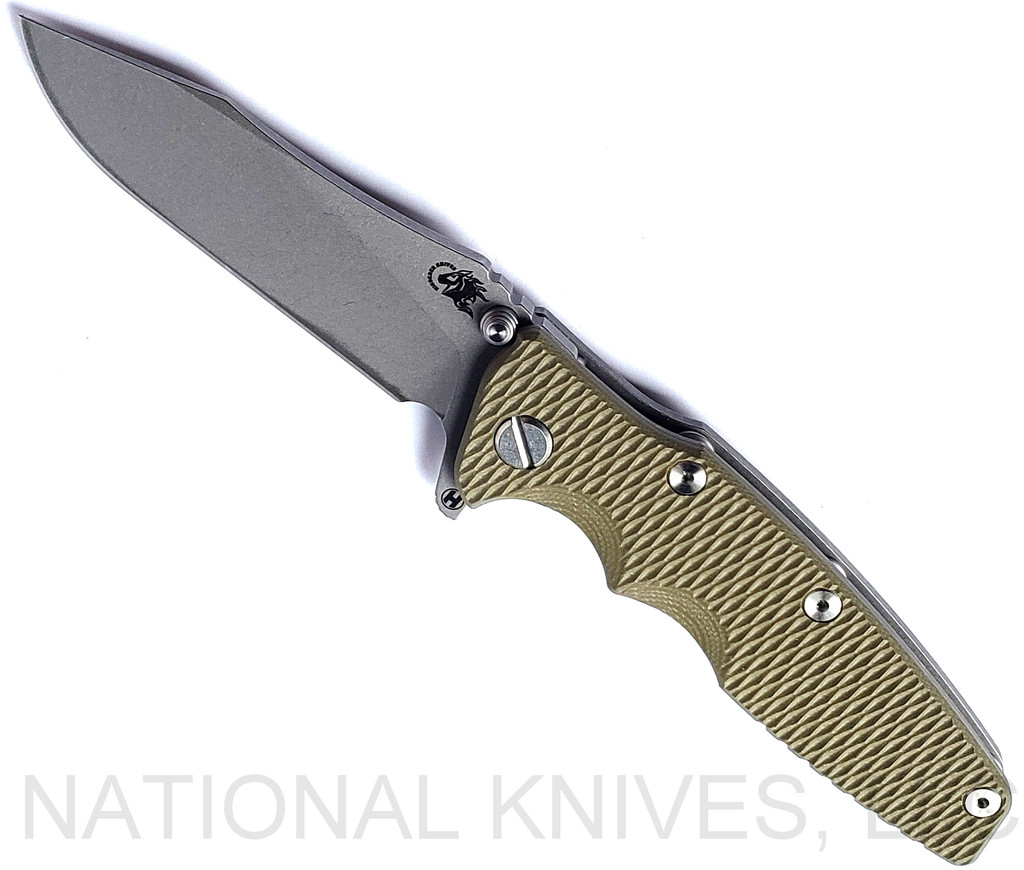 Rick Hinderer Knives Eklipse folding knife with flipper tab - shown open - presentation side.  Working Finish 3.5" hollow grind S45VN stainless steel plain edge blade.  OD Green G-10 handle scale.  Model KEK35SLHO