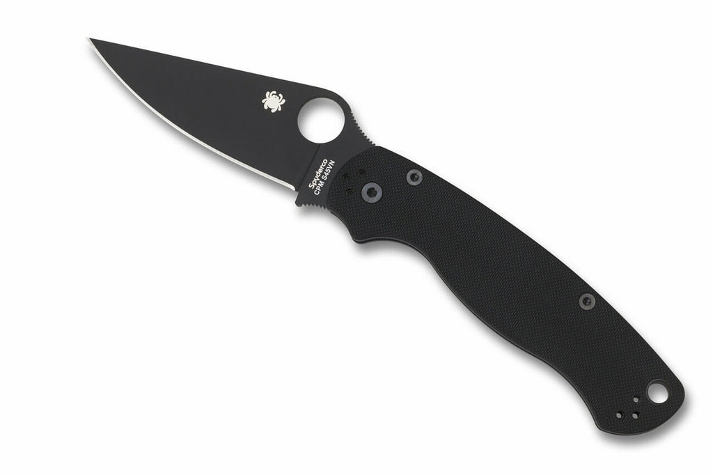 Spyderco Paramilitary 2 folding knife with thumb hole - shown open presentation side.  Black S45VN stainless steel plain edge blade.  Black G-10 handle.  Model C81GPBK2.
