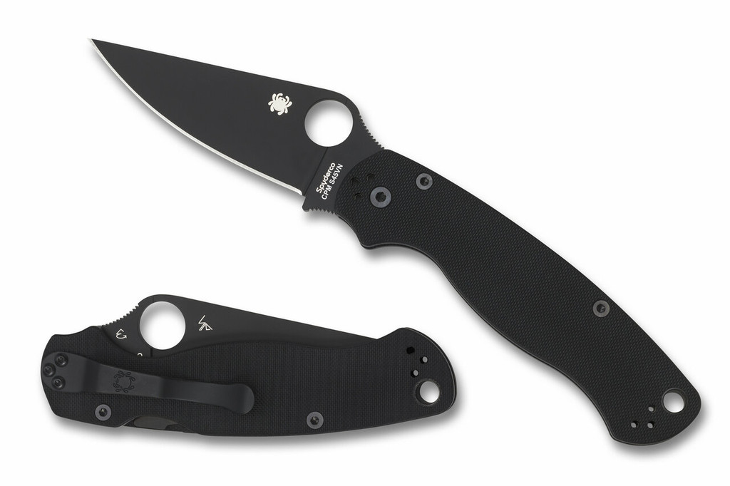 Spyderco Paramilitary 2 folding knife with thumb hole - shown open presentation side and closed pocket clip side.  Black S45VN stainless steel plain edge blade.  Black G-10 handle.  Model C81GPBK2.
