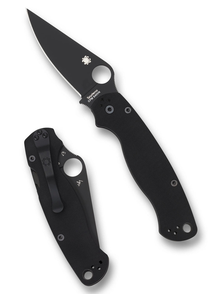 Spyderco Paramilitary 2 folding knife with thumb hole - shown open presentation side and closed pocket clip side.  Black S45VN stainless steel plain edge blade.  Black G-10 handle.  Model C81GPBK2.