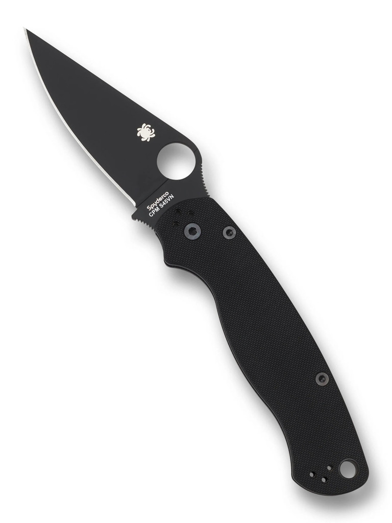 Spyderco Paramilitary 2 folding knife with thumb hole - shown open presentation side.  Black S45VN stainless steel plain edge blade.  Black G-10 handle.  Model C81GPBK2.