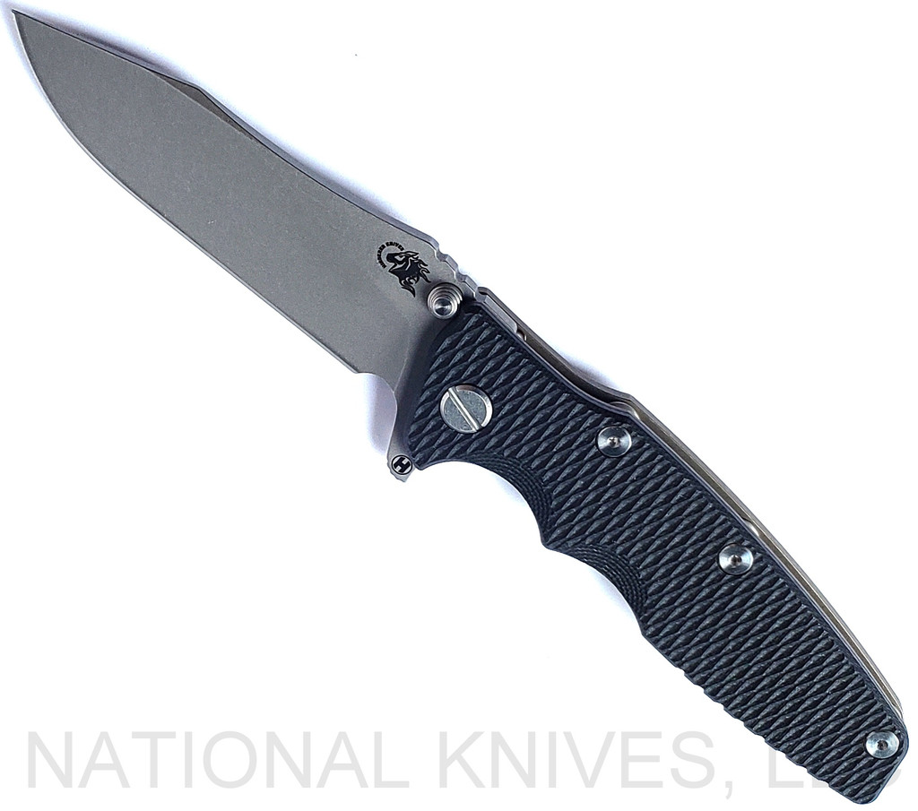 Rick Hinderer Knives Eklipse folding knife with flipper tab - shown open - presentation side.  Working Finish 3.5" hollow grind S45VN stainless steel plain edge blade.  Black G-10 handle scale.  Model KEK35SLHO