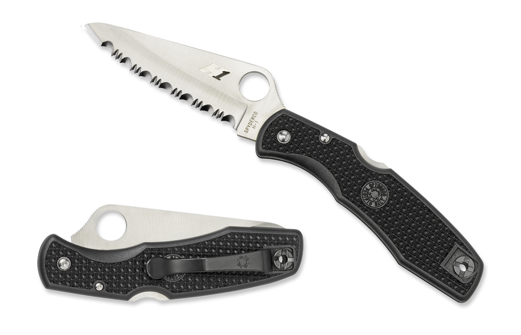 REFERENCE ONLY - Spyderco Pacific Salt C91SBK Folding Knife, Satin 3.812" Serrated Edge H-1 Blade, Black FRN Handle