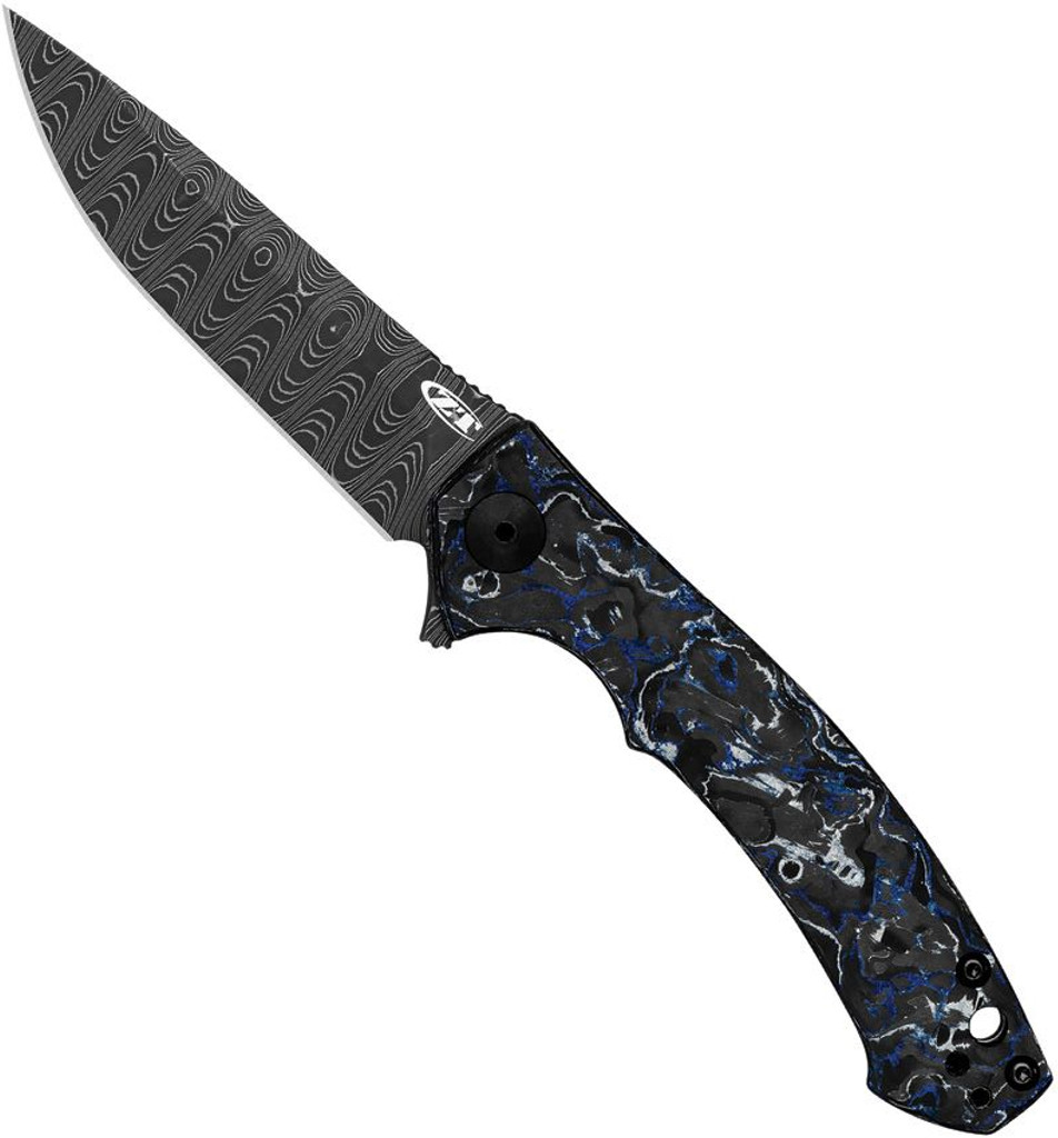Zero Tolerance 0450MMC folding knife with flipper tab - open - presentation side.  3.25" Vegas Forge Damascus steel plain edge blade.  Multi color carbon fiber handle.  Model 0450MMC.
