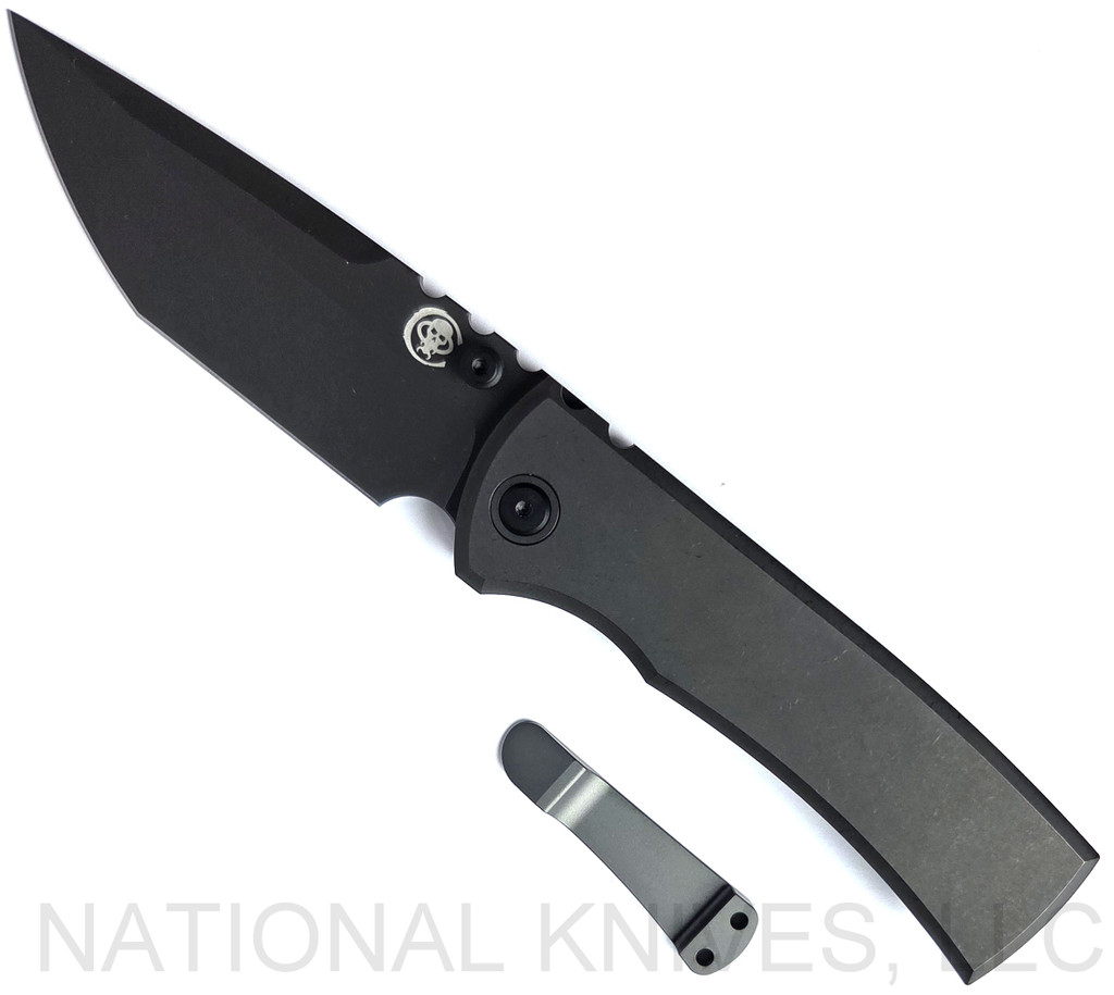 Chaves Knives Integral Redencion 229 folding knife featuring a thumb stud - shown open presentation side.  Stonewash grey PVD M390 stainless steel tanto style plain edge blade.  Stonewash grey PVD titanium handle.  Model CK-1C1-2C1A-4A15!