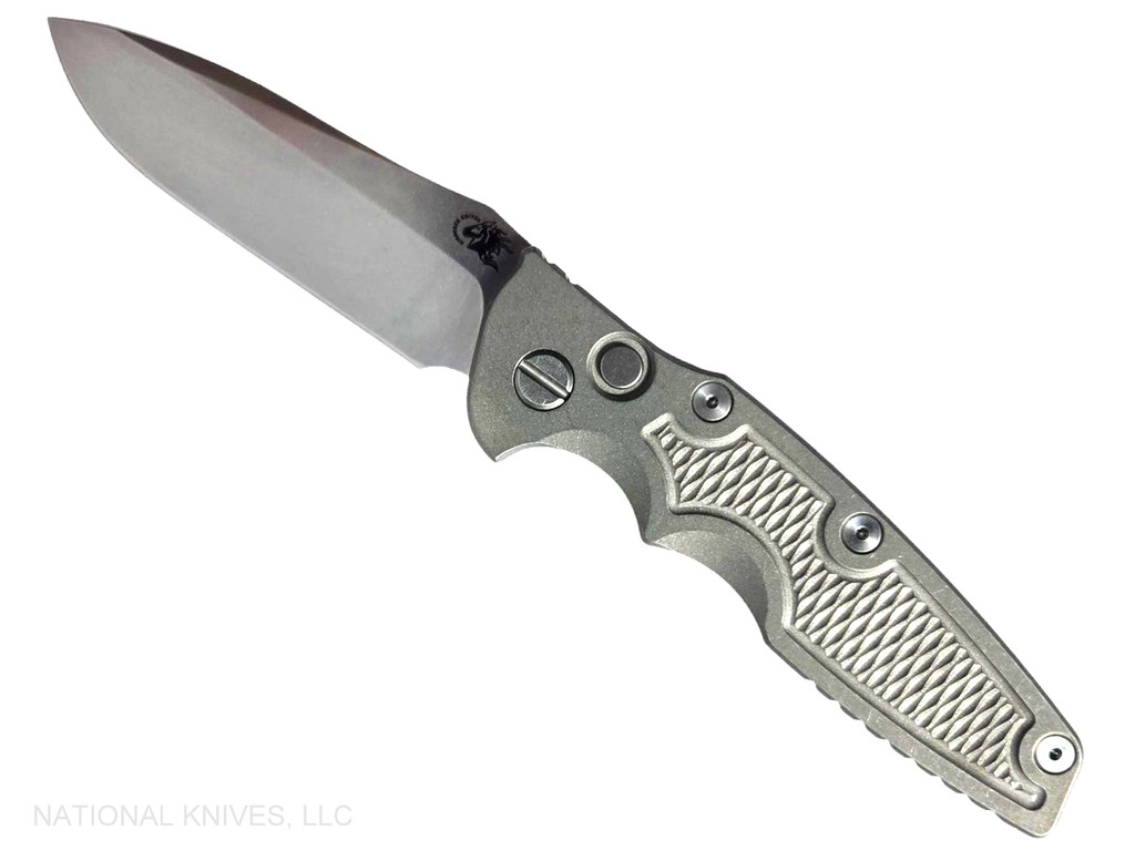Rick Hinderer Knives Eklipse Spearpoint Automatic with push button - shown open presentation side.  Stonewash S45VN stainless steel plain edge blade.  Working Finish titanium handle.  Model KAEK35SP.