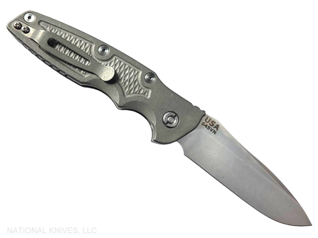 Rick Hinderer Knives Eklipse Spearpoint Automatic with push button - shown open pocket clip side.  Stonewash S45VN stainless steel plain edge blade.  Working Finish titanium handle.  Model KAEK35SP.
