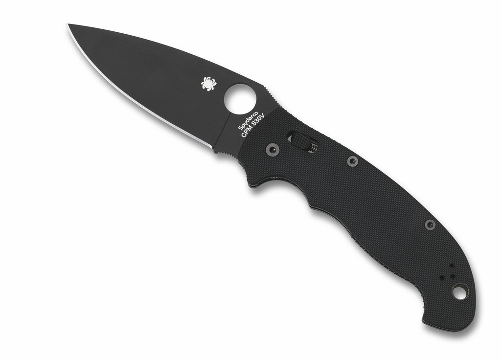 Spyderco Manix 2 XL folding knife with thumb hole - shown open presentation side.  Black S30V stainless steel plain edge blade. Black G-10 handle.  Model C95GPBBK2.