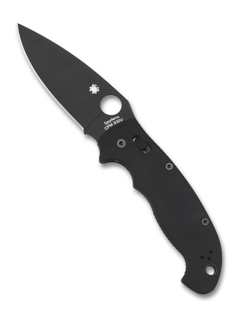 Spyderco Manix 2 XL folding knife with thumb hole - shown open presentation side.  Black S30V stainless steel plain edge blade. Black G-10 handle.  Model C95GPBBK2.