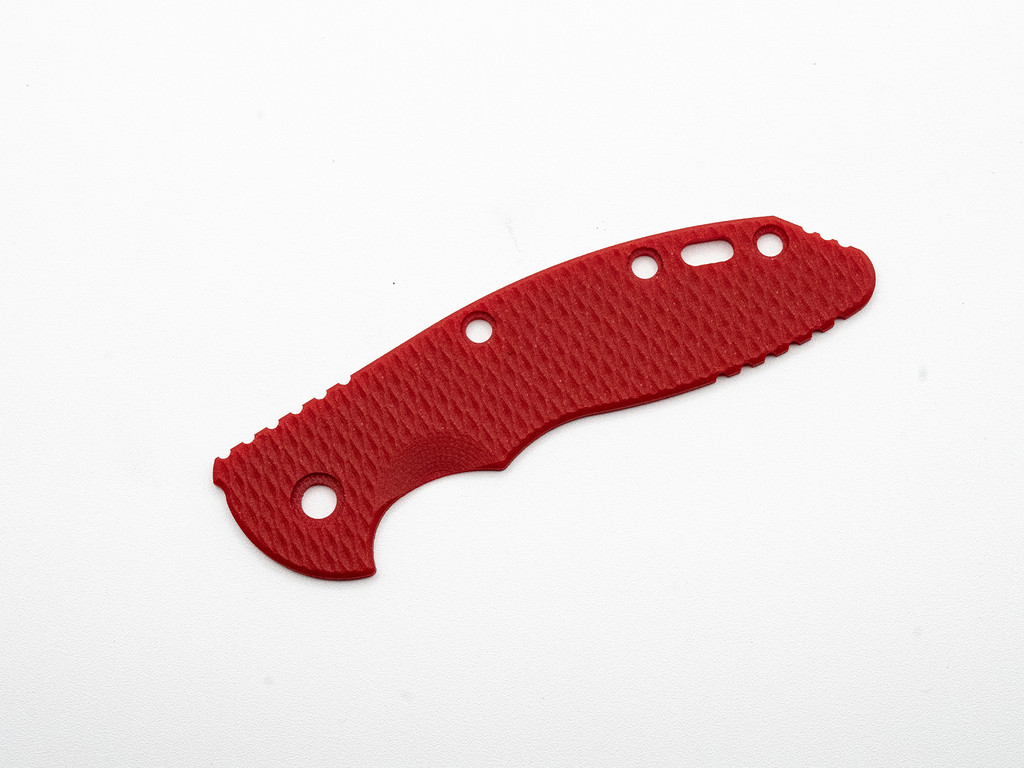 Rick Hinderer Knives XM-18 3.0" Textured G-10 handle scale - obverse shown.  Red color.