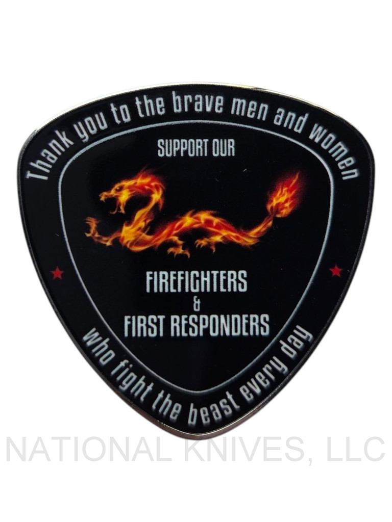 Spyderco 2025 Fire Dragon Challenge Coin - reverse shown.  Multi color enamel finish.  Model COINFD2025.