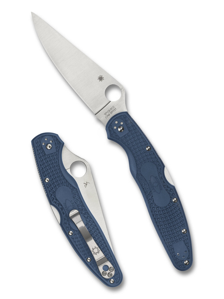 Spyderco Police 4 Lightweight folding knife with thumb hole - shown open presentation side and closed pocket clip side.  Satin SPY27 stainless steel plain edge blade.  Blue FRN handle.  Model C07PCBL4.
