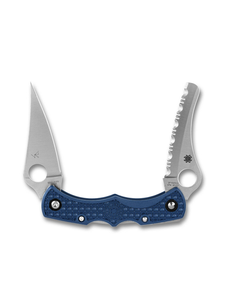 Spyderco Dyad Jr. Lightweight folding knife with thumb hole - shown both blades partially open.  Satin SPY27 stainless steel plain edge and serrated edge blades.  Cobalt Blue FRN handle.  Model C39P&SCBL.