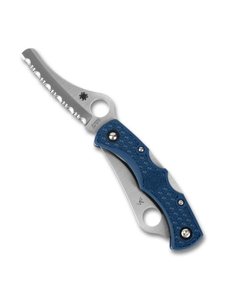 Spyderco Dyad Jr. Lightweight folding knife with thumb hole - shown serrated edge open obverse and plain edge closed obverse.  Satin SPY27 stainless steel plain edge and serrated edge blades.  Cobalt Blue FRN handle.  Model C39P&SCBL.