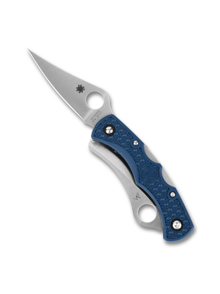 Spyderco Dyad Jr. Lightweight folding knife with thumb hole - shown plain edge open obverse and serrated edge closed obverse.  Satin SPY27 stainless steel plain edge and serrated edge blades.  Cobalt Blue FRN handle.  Model C39P&SCBL.