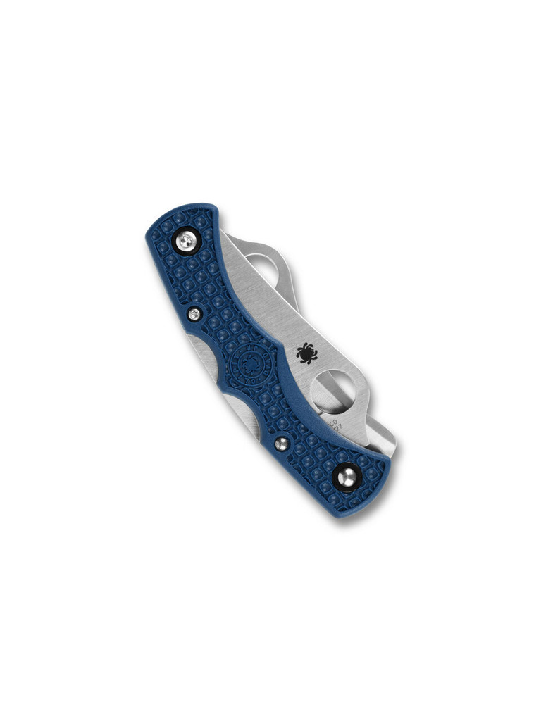 Spyderco Dyad Jr. Lightweight folding knife with thumb hole - shown closed obverse.  Satin SPY27 stainless steel plain edge and serrated edge blades.  Cobalt Blue FRN handle.  Model C39P&SCBL.