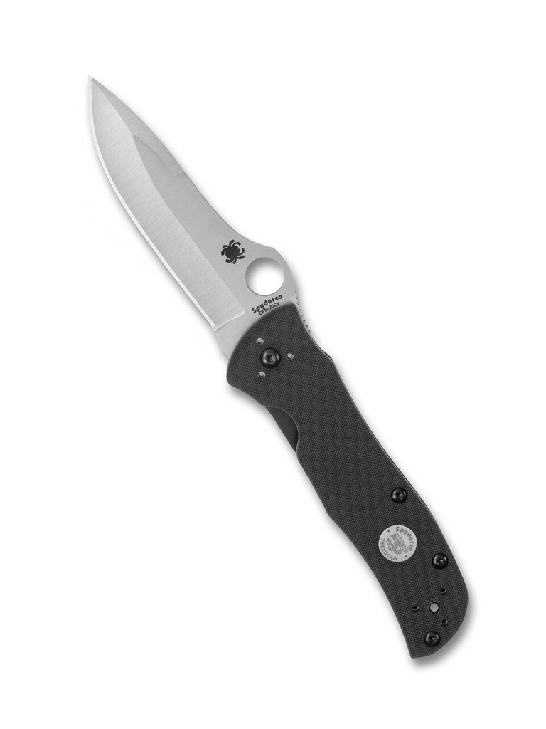Spyderco Sprint Run Starmate folding knife with thumb hole - shown open presentation side.  Satin CPM-20CV stainless steel plain edge blade.  Black G-10 handle.  Model C55G20CVP.