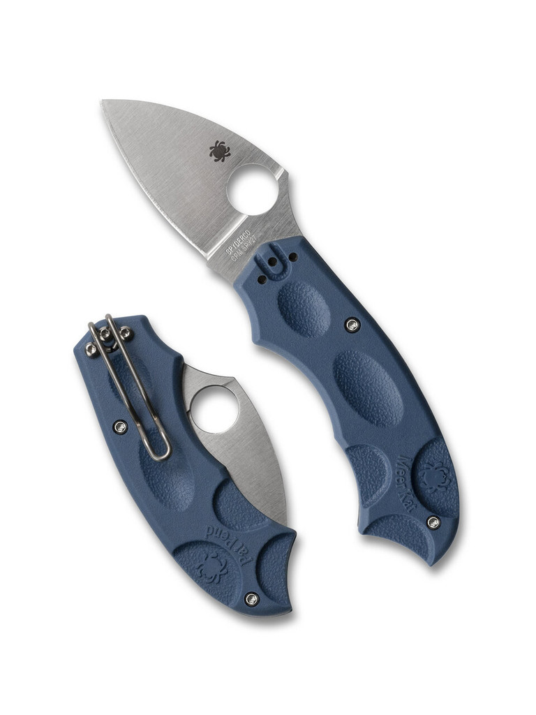 Spyderco Meerkat Sprint Run folding knife with thumb hole - shown open presentation side and closed pocket clip side.  Satin CPM SPY27 stainless steel plain edge blade.  Cobalt Blue G-10 handle.  Model C64PCBL.