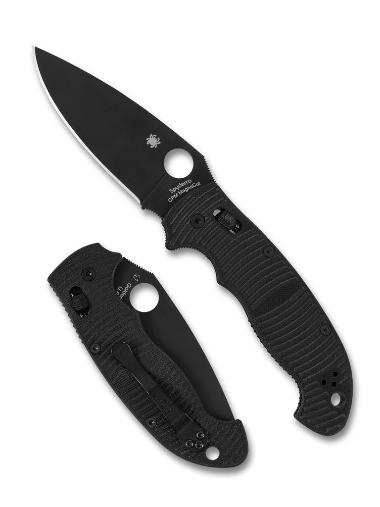 Spyderco Manix 2 XL Salt folding knife with thumb hole - shown open presentation side and closed pocket clip side.  Black DLC MagnaCut stainless steel plain edge blade. Black G-10 handle.  Model C95GMCBKP2.