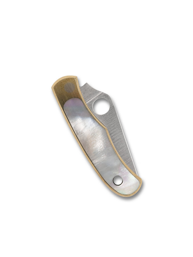 Spyderco Bug folding knife with thumb hole - shown closed reverse.  Satin 12C27 stainless steel plain edge blade.  Nickel silver handle with Abalone inlays.  Model C133AP.