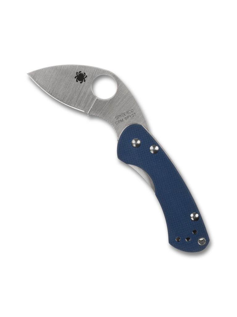 Spyderco Sprint Run Balance folding knife with thumb hole - shown open presentation side.  Satin CPM SPY27 stainless steel plain edge blade.  Cobalt Blue G-10 handle with a stainless steel lock side.  Model C141GPCBL.