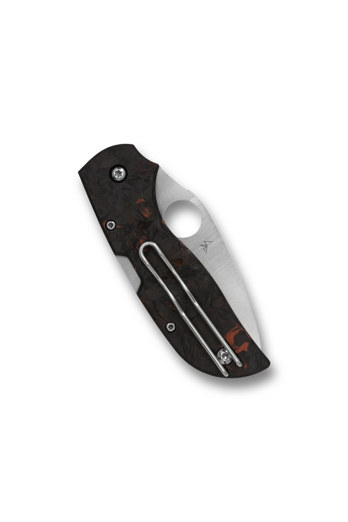 Spyderco Chaparral folding knife with thumb hole - shown closed pocket clip side.  Satin CTS-XHP stainless steel plain edge blade. Red Fatcarbon carbon fiber handle.  Model C152CFRDP.