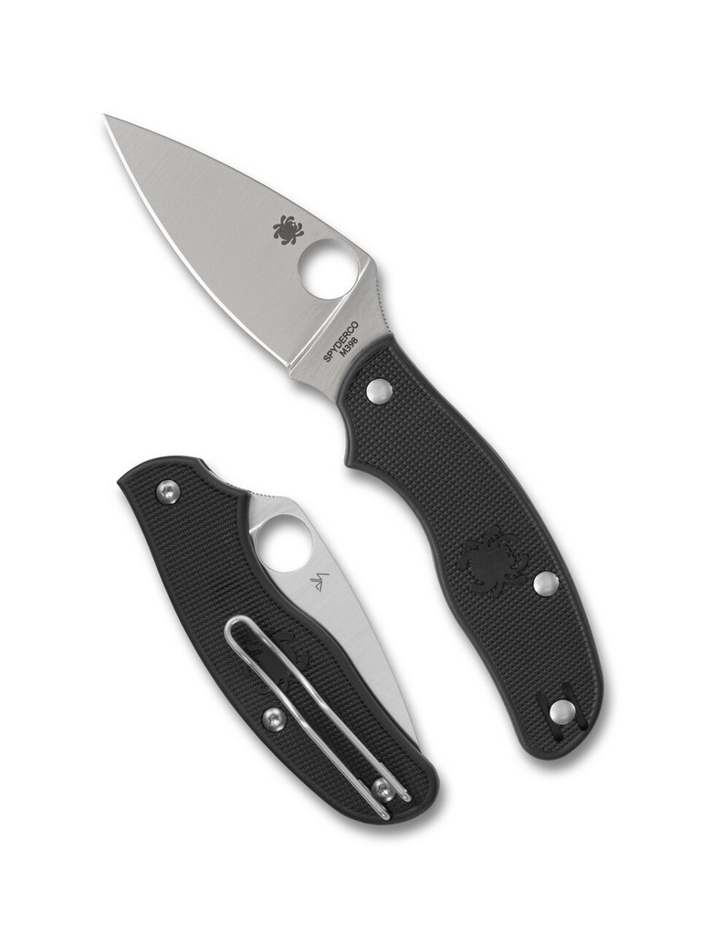 Spyderco Metropolitan Slipit folding knife with thumb hole - shown open presentation side and closed pocket clip side.  Satin M398 stainless steel plain edge blade.  Black FRN handle.  Model C213PBK.