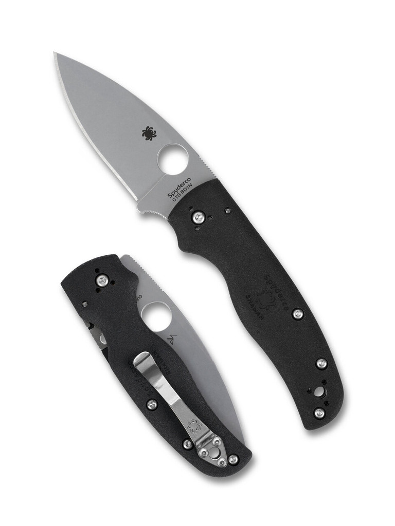 Spyderco Shaman Lightweight folding knife with thumb hole - shown open presentation side and closed pocket clip side.  CTS-BD1N stainless steel plain edge blade.  Black FRN handle.  Model C229PBK.