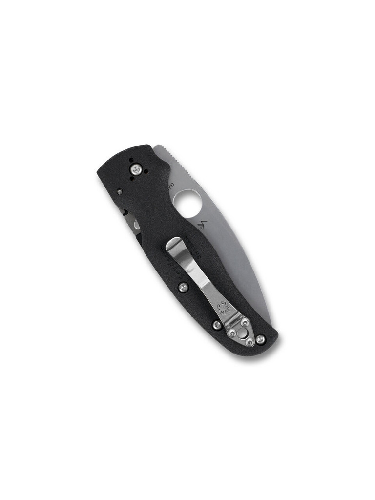 Spyderco Shaman Lightweight folding knife with thumb hole - shown closed pocket clip side.  CTS-BD1N stainless steel plain edge blade.  Black FRN handle.  Model C229PBK.