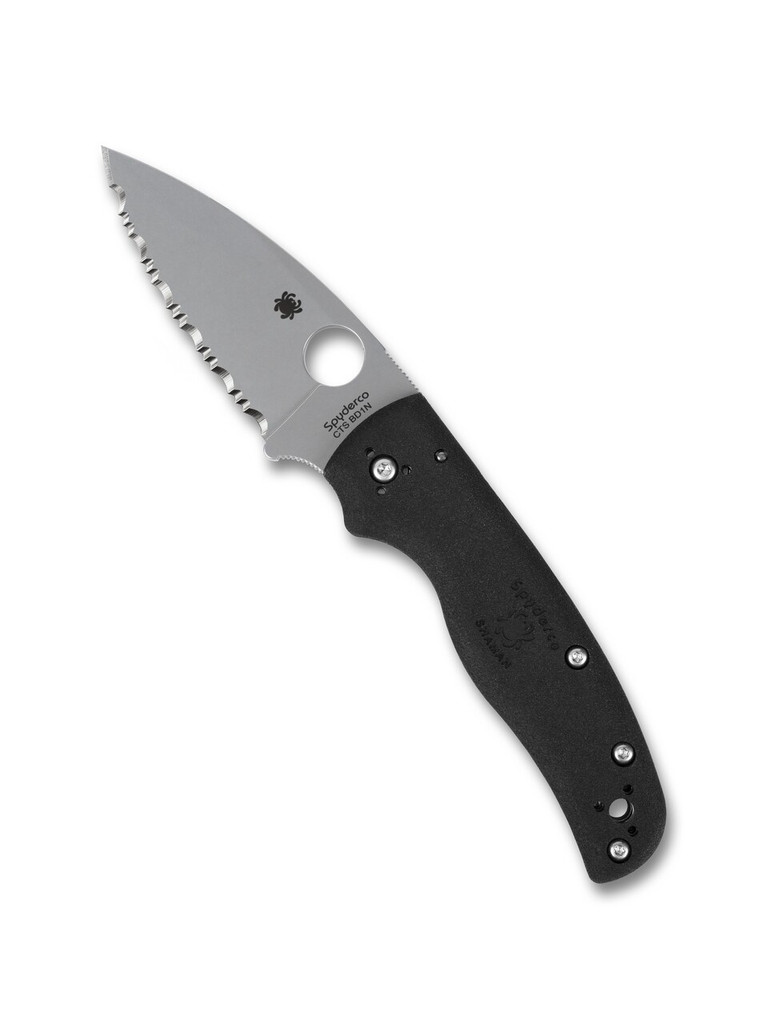 Spyderco Shaman Lightweight folding knife with thumb hole - shown open presentation side.  CTS-BD1N stainless steel serrated edge blade.  Black FRN handle.  Model C229SBK.