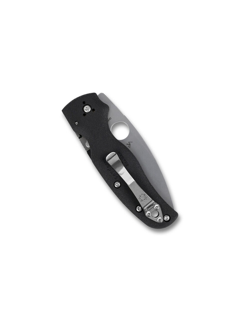 Spyderco Shaman Lightweight folding knife with thumb hole - shown closed pocket clip side.  CTS-BD1N stainless steel serrated edge blade.  Black FRN handle.  Model C229SBK.
