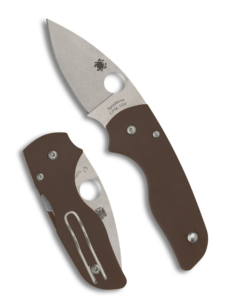 Spyderco Sprint Run Lil' Native folding knife with thumb hole - shown open presentation side and closed pocket clip side.  CPM-15V steel plain edge blade.  Brown G-10 handle.  Model C230GPBN15V.