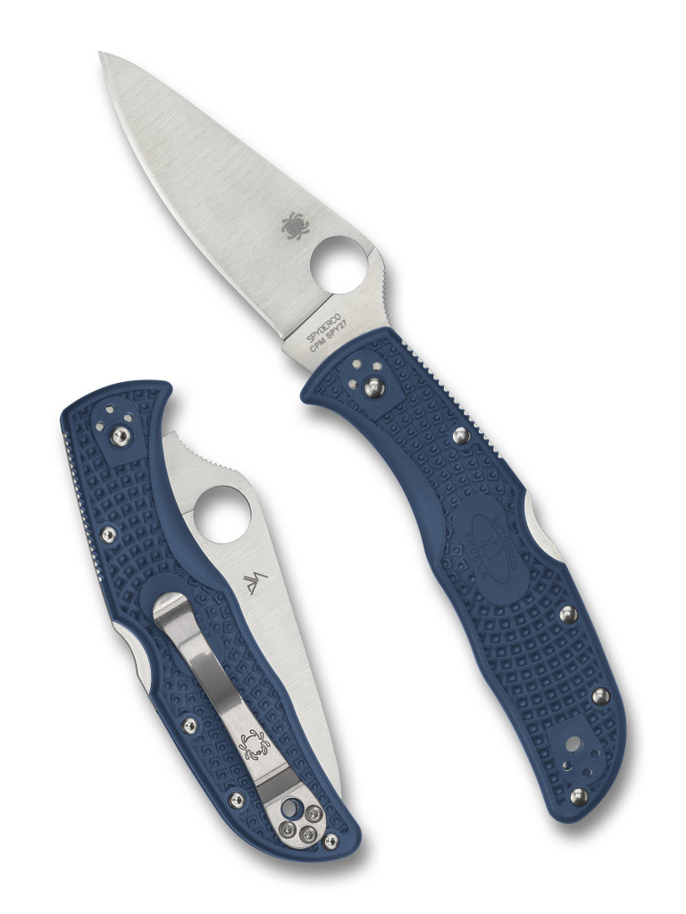 Spyderco Endela folding knife with thumb hole - shown open presentation side and closed pocket clip side.  Satin SPY27 stainless steel plain edge blade.  Cobalt Blue FRN handle.  Model C243PCBL.