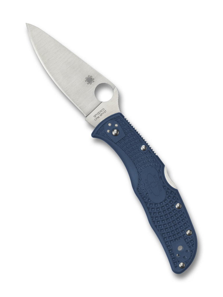 Spyderco Endela folding knife with thumb hole - shown open presentation side.  Satin SPY27 stainless steel plain edge blade.  Cobalt Blue FRN handle.  Model C243PCBL.