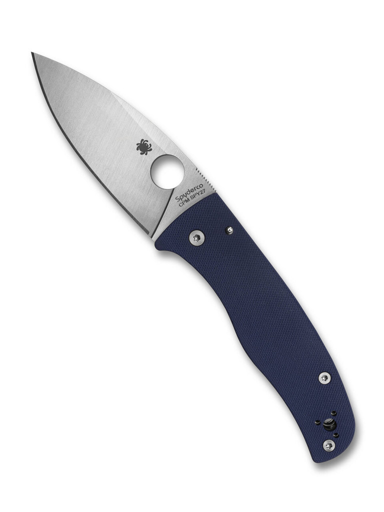 Spyderco Bodacious folding knife with thumb hole - shown open presentation side.  Satin SPY27 stainless steel plain edge blade.  Cobalt Blue G-10 handle.  Model C263GPCBL.
