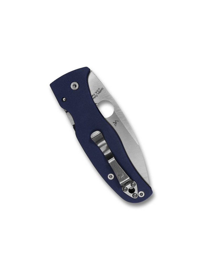 Spyderco Bodacious folding knife with thumb hole - shown closed pocket clip side.  Satin SPY27 stainless steel plain edge blade.  Cobalt Blue G-10 handle.  Model C263GPCBL.
