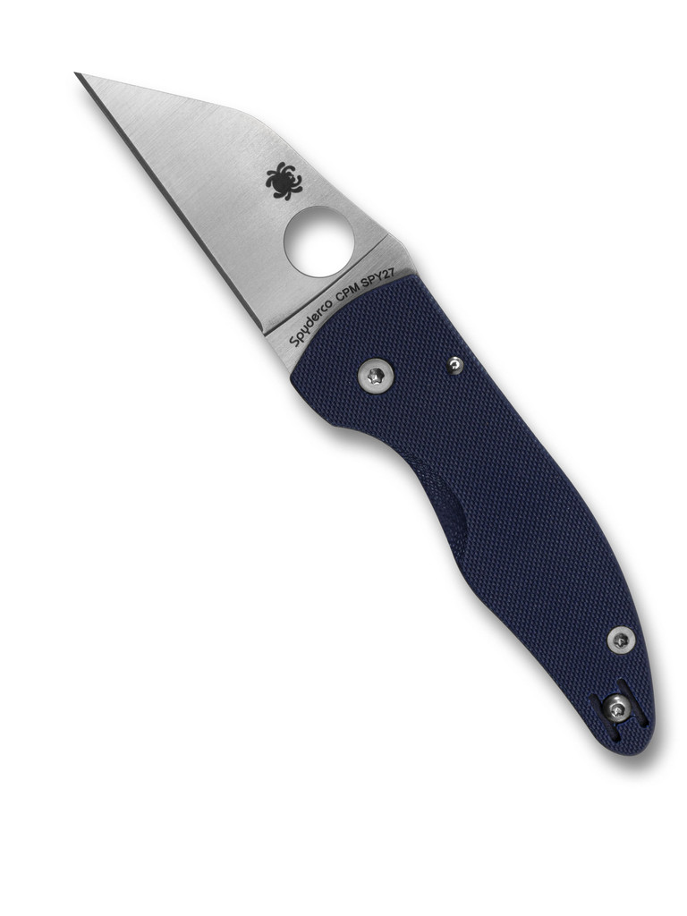Spyderco MicroJimbo folding knife with thumb hole - shown open presentation side.  Satin SPY27 stainless steel plain edge blade.  Cobalt Blue G-10 handle.  Model C264GPCBL.