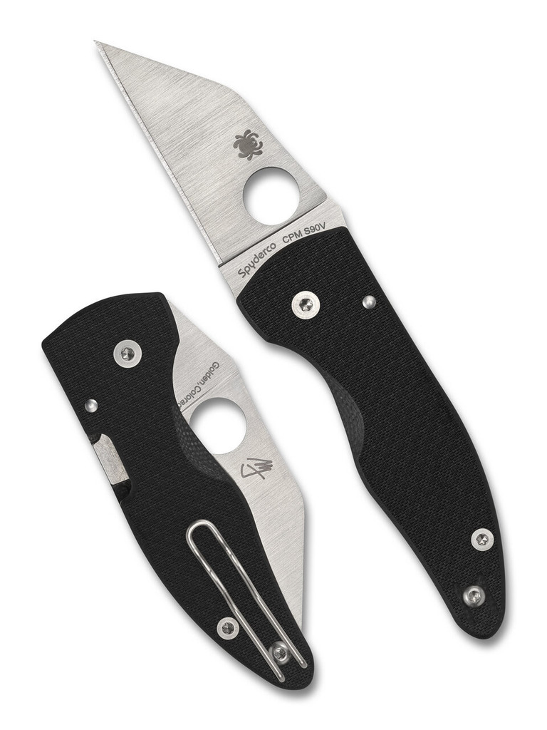 Spyderco Sprint Run MicroJimbo folding knife with thumb hole - shown open presentation side and closed pocket clip side.  Satin S90V stainless steel plain edge blade.  Black carbon fiber handle.  Model C264CFP.
