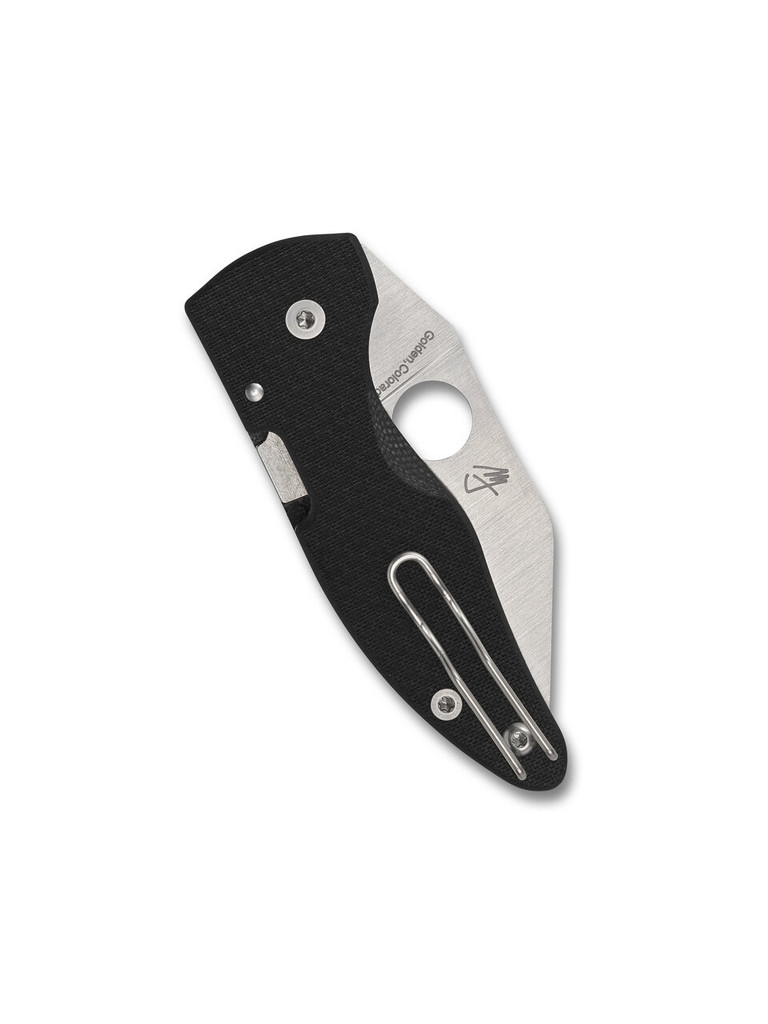 Spyderco Sprint Run MicroJimbo folding knife with thumb hole - shown closed pocket clip side.  Satin S90V stainless steel plain edge blade.  Black carbon fiber handle.  Model C264CFP.
