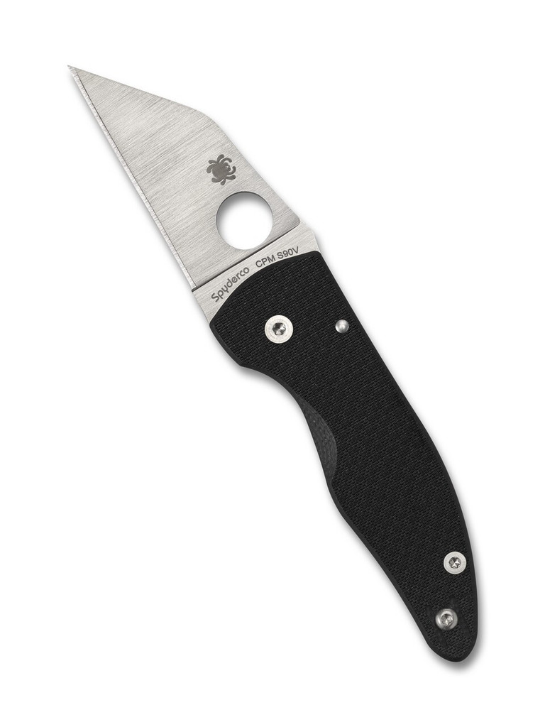 Spyderco Sprint Run MicroJimbo folding knife with thumb hole - shown open presentation side.  Satin S90V stainless steel plain edge blade.  Black carbon fiber handle.  Model C264CFP.