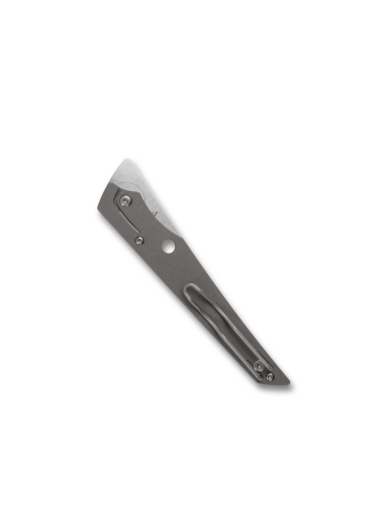 Spyderco Cobol Slip Joint folding knife with thumb hole - shown closed pocket clip side.  Satin M390 stainless steel plain edge blade.  Titanium handle.  Model C273TIP.