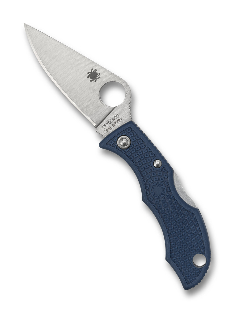Spyderco Ladybug 3 folding knife with thumb hole - shown open obverse.  Satin SPY27 stainless steel plain edge blade.  Cobalt Blue FRN handle.  Model LPCBL3.