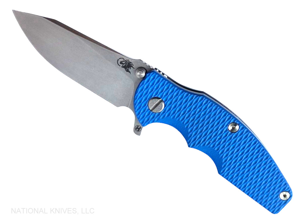Rick Hinderer Knives Jurassic Hollow Grind Slicer folding knife with flipper tab - shown open presentation side.  Stonewash MagnaCut stainless steel plain edge blade.  Blue G-10 handle scale with stonewash blue titanium lock side.  Model KJURSLHO.