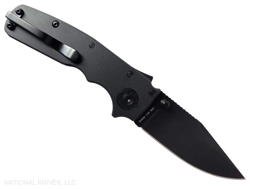Demko Knives Shark Cub Clip Point folding knife with thumb stud - shown open pocket clip side.  Black 20CV stainless steel plain edge blade.  Black Aluminum handle.