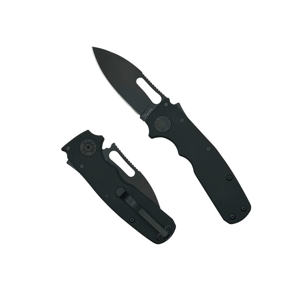 Demko Knives Shark Cub Shark Slicer folding knife with thumb slot - shown open presentation side and closed pocket clip side.  Black 20CV stainless steel plain edge blade.  Black Aluminum handle.