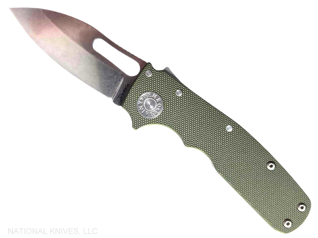 Demko Knives Shark Cub Shark Slicer folding knife with thumb slot - shown open presentation side.  Stonewash 20CV stainless steel plain edge blade.  OD green G-10 handle.