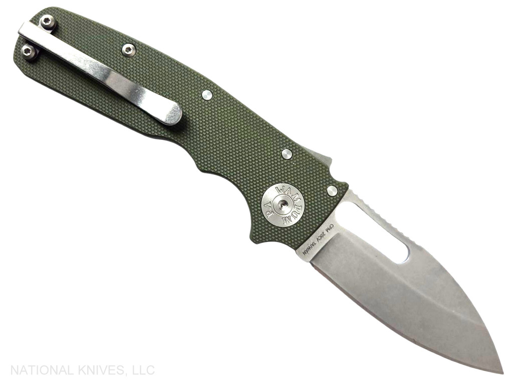 Demko Knives Shark Cub Shark Slicer folding knife with thumb slot - shown open pocket clip side.  Stonewash 20CV stainless steel plain edge blade.  OD green G-10 handle.