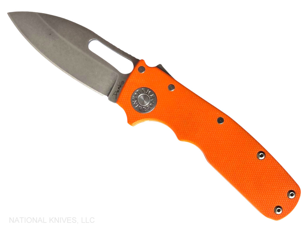 Demko Knives Shark Cub Shark Slicer folding knife with thumb slot - shown open presentation side.  Stonewash 20CV stainless steel plain edge blade.  Orange G-10 handle.