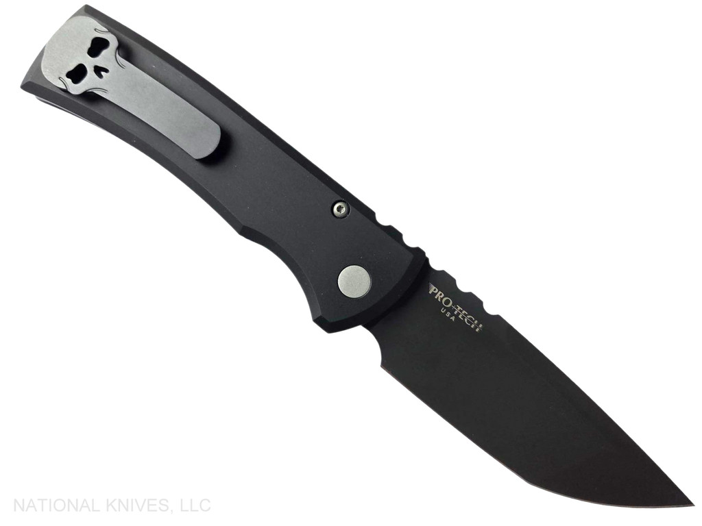 Chaves Knives Pro-Tech Collaboration Redencion 229 Tanto automatic knife - reverse shown.  Black S35VN stainless steel plain edge blade.  Black aluminum handle.  Model CK-1A10-2G3F-6D1