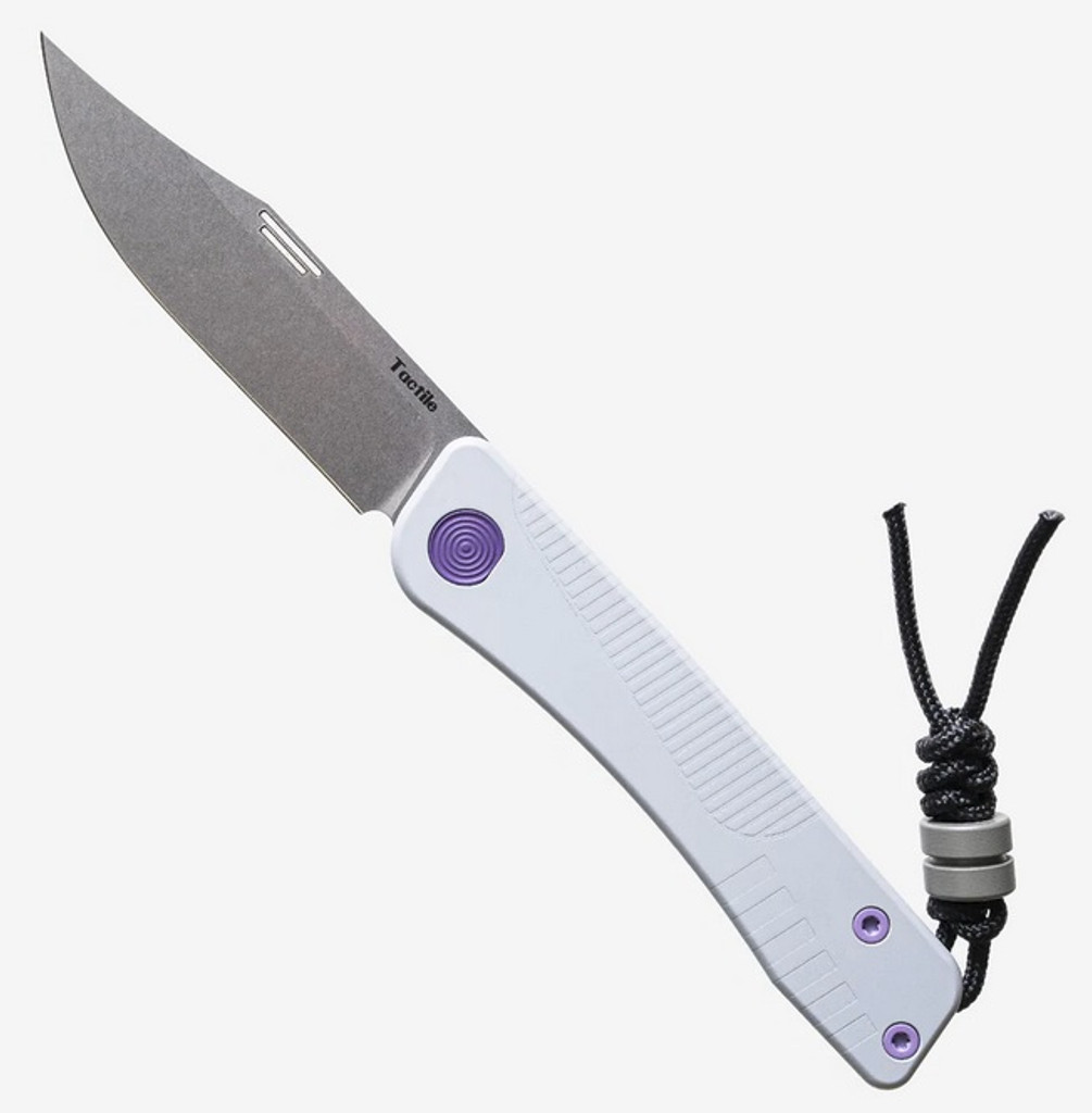 Tactile Knife Co 16-Bit Bexar limited edition slip joint knife with nail nick - shown open obverse.  Satin MagnaCut stainless steel plain edge blade.  Gray and purple titanium handle.  Model 20-BX-MC01-TT16